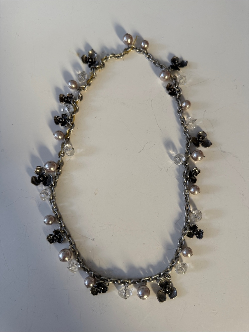 Delicate Pearl & Crystal Charm Necklace - Silver Tone
